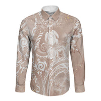 Aloha Hawaii Turtles Floral Long Sleeve Button Shirt Taupe Marbles Glaze LT7 Unisex Taupe - Polynesian Pride