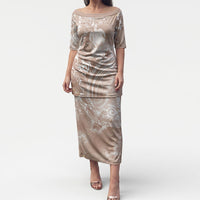 Aloha Hawaii Turtles Floral Puletasi Taupe Marbles Glaze LT7 Long Dress Taupe - Polynesian Pride