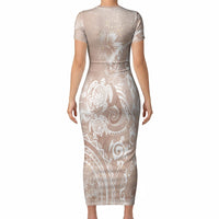 Aloha Hawaii Turtles Floral Short Sleeve Bodycon Dress Taupe Marbles Glaze LT7 - Polynesian Pride