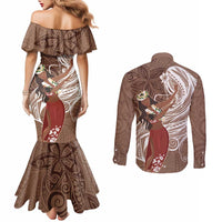 Tahiti Islands Polynesian Plumeria Couples Matching Mermaid Dress and Long Sleeve Button Shirt Tahitian Vahine 'Ote'a - Beige