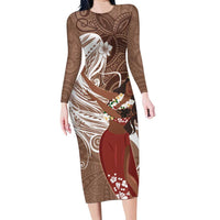 Tahiti Islands Polynesian Plumeria Family Matching Long Sleeve Bodycon Dress and Hawaiian Shirt Tahitian Vahine 'Ote'a - Beige