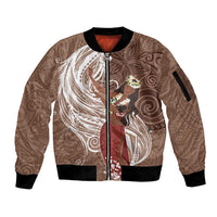 Tahiti Islands Polynesian Plumeria Sleeve Zip Bomber Jacket Tahitian Vahine 'Ote'a - Beige LT7 Unisex Beige - Polynesian Pride