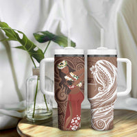 Tahiti Islands Polynesian Plumeria Tumbler With Handle Tahitian Vahine 'Ote'a - Beige