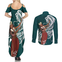 Tahiti Islands Polynesian Plumeria Couples Matching Summer Maxi Dress and Long Sleeve Button Shirt Tahitian Vahine 'Ote'a - Teal