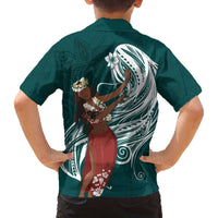 Tahiti Islands Polynesian Plumeria Family Matching Puletasi and Hawaiian Shirt Tahitian Vahine 'Ote'a - Teal