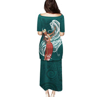 Tahiti Islands Polynesian Plumeria Family Matching Puletasi and Hawaiian Shirt Tahitian Vahine 'Ote'a - Teal