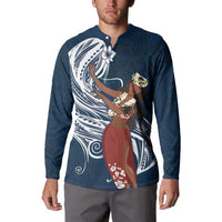 Tahiti Islands Polynesian Plumeria Button Sweatshirt Tahitian Vahine 'Ote'a - Navy Blue