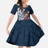 Tahiti Islands Polynesian Plumeria Family Matching Summer Maxi Dress and Hawaiian Shirt Tahitian Vahine 'Ote'a - Navy Blue LT7 Daughter's Dress Blue - Polynesian Pride