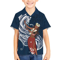 Tahiti Islands Polynesian Plumeria Family Matching Summer Maxi Dress and Hawaiian Shirt Tahitian Vahine 'Ote'a - Navy Blue LT7 Son's Shirt Blue - Polynesian Pride