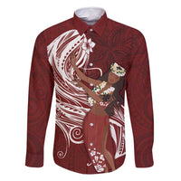 Tahiti Islands Polynesian Plumeria Family Matching Mermaid Dress and Hawaiian Shirt Tahitian Vahine 'Ote'a - Scarlet LT7 Dad's Shirt - Long Sleeve Red - Polynesian Pride