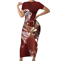 Tahiti Islands Polynesian Plumeria Short Sleeve Bodycon Dress Tahitian Vahine 'Ote'a - Scarlet