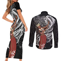 Tahiti Islands Polynesian Plumeria Couples Matching Short Sleeve Bodycon Dress and Long Sleeve Button Shirt Tahitian Vahine 'Ote'a - Black