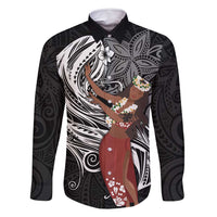 Tahiti Islands Polynesian Plumeria Family Matching Mermaid Dress and Hawaiian Shirt Tahitian Vahine 'Ote'a - Black LT7 Dad's Shirt - Long Sleeve Black - Polynesian Pride