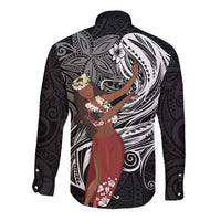 Tahiti Islands Polynesian Plumeria Long Sleeve Button Shirt Tahitian Vahine 'Ote'a - Black