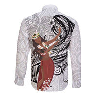 Tahiti Islands Polynesian Plumeria Long Sleeve Button Shirt Tahitian Vahine 'Ote'a - White