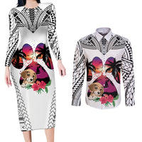 Polynesian Couples Matching Long Sleeve Bodycon Dress and Long Sleeve Button Shirts Dog Lover With Beagle - Sunset At The Beach White Ver LT7 White - Polynesian Pride