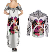 Polynesian Couples Matching Summer Maxi Dress and Long Sleeve Button Shirts Dog Lover With Beagle - Sunset At The Beach White Ver LT7 - Polynesian Pride