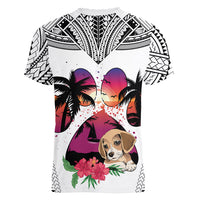Polynesian Women V Neck T Shirt Dog Lover With Beagle - Sunset At The Beach White Ver LT7 - Polynesian Pride