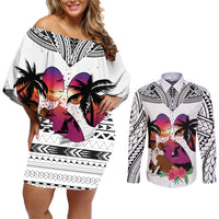 Polynesian Couples Matching Off Shoulder Short Dress and Long Sleeve Button Shirts Dog Lover With Border Collie - Sunset At The Beach White Ver LT7 White - Polynesian Pride