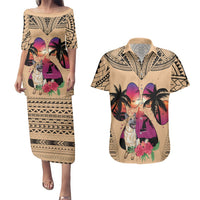 Polynesian Couples Matching Puletasi Dress and Hawaiian Shirt Dog Lover With German Shepherd - Sunset At The Beach LT7 Coral - Polynesian Pride