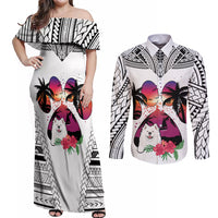 Polynesian Couples Matching Off Shoulder Maxi Dress and Long Sleeve Button Shirts Dog Lover With Samoyed - Sunset At The Beach White Ver LT7 White - Polynesian Pride