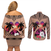 Polynesian Couples Matching Off Shoulder Short Dress and Long Sleeve Button Shirts Dog Lover With Samoyed - Sunset At The Beach Brown Ver LT7 - Polynesian Pride