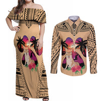 Polynesian Couples Matching Off Shoulder Maxi Dress and Long Sleeve Button Shirts Dog Lover With Shiba Inu - Sunset At The Beach LT7 Coral - Polynesian Pride