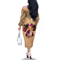Polynesian Off The Shoulder Long Sleeve Dress Dog Lover With Shiba Inu - Sunset At The Beach LT7 - Polynesian Pride
