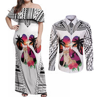 Polynesian Couples Matching Off Shoulder Maxi Dress and Long Sleeve Button Shirts Dog Lover With Shiba Inu - Sunset At The Beach White Ver LT7 White - Polynesian Pride
