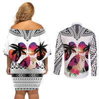 Polynesian Couples Matching Off Shoulder Short Dress and Long Sleeve Button Shirts Dog Lover With Shiba Inu - Sunset At The Beach White Ver LT7 - Polynesian Pride