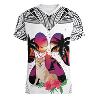 Polynesian Women V Neck T Shirt Dog Lover With Shiba Inu - Sunset At The Beach White Ver LT7 Female White - Polynesian Pride