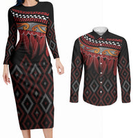 Aotearoa Maori Ngapuhi Iwi Couples Matching Long Sleeve Bodycon Dress and Long Sleeve Button Shirt Korowai Tukutuku Kaokao Motifs