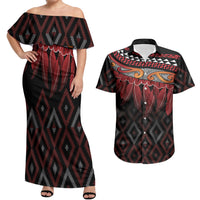 Aotearoa Maori Ngapuhi Iwi Couples Matching Off Shoulder Maxi Dress and Hawaiian Shirt Korowai Tukutuku Kaokao Motifs