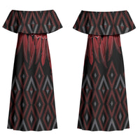 Aotearoa Maori Ngapuhi Iwi Couples Matching Off Shoulder Maxi Dress and Long Sleeve Button Shirt Korowai Tukutuku Kaokao Motifs