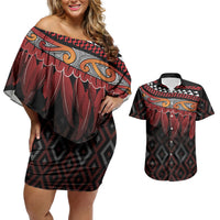 Aotearoa Maori Ngapuhi Iwi Couples Matching Off Shoulder Short Dress and Hawaiian Shirt Korowai Tukutuku Kaokao Motifs