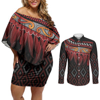 Aotearoa Maori Ngapuhi Iwi Couples Matching Off Shoulder Short Dress and Long Sleeve Button Shirt Korowai Tukutuku Kaokao Motifs