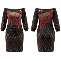 Aotearoa Maori Ngapuhi Iwi Couples Matching Off The Shoulder Long Sleeve Dress and Long Sleeve Button Shirt Korowai Tukutuku Kaokao Motifs