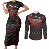 Aotearoa Maori Ngapuhi Iwi Couples Matching Short Sleeve Bodycon Dress and Long Sleeve Button Shirt Korowai Tukutuku Kaokao Motifs