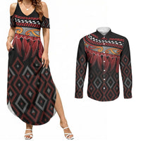 Aotearoa Maori Ngapuhi Iwi Couples Matching Summer Maxi Dress and Long Sleeve Button Shirt Korowai Tukutuku Kaokao Motifs