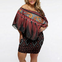 Aotearoa Maori Ngapuhi Iwi Off Shoulder Short Dress Korowai Tukutuku Kaokao Motifs