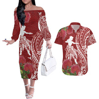 Personalised Hawaii Wahine Couples Matching Off The Shoulder Long Sleeve Dress and Hawaiian Shirt Women's Day Ohia Lehua LT7 Red - Polynesian Pride