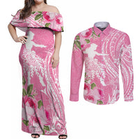 Personalised Hawaii Wahine Couples Matching Off Shoulder Maxi Dress and Long Sleeve Button Shirt Women's Day Maui Lokelani Roses LT7 Pink - Polynesian Pride