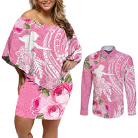 Personalised Hawaii Wahine Couples Matching Off Shoulder Short Dress and Long Sleeve Button Shirt Women's Day Maui Lokelani Roses LT7 Pink - Polynesian Pride