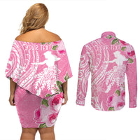 Personalised Hawaii Wahine Couples Matching Off Shoulder Short Dress and Long Sleeve Button Shirt Women's Day Maui Lokelani Roses LT7 - Polynesian Pride