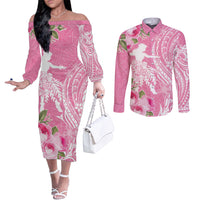 Personalised Hawaii Wahine Couples Matching Off The Shoulder Long Sleeve Dress and Long Sleeve Button Shirt Women's Day Maui Lokelani Roses LT7 Pink - Polynesian Pride