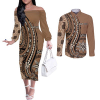 Personalized Tonga Ngatu Couples Matching Off The Shoulder Long Sleeve Dress and Long Sleeve Button Shirt Vintage Brown Manulua Motifs