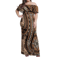 Personalized Tonga Ngatu Off Shoulder Maxi Dress Vintage Brown Manulua Motifs LT7 Women Brown - Polynesian Pride