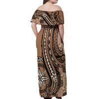 Personalized Tonga Ngatu Off Shoulder Maxi Dress Vintage Brown Manulua Motifs LT7 - Polynesian Pride
