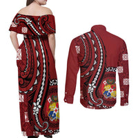 Personalized Tonga Ngatu Couples Matching Off Shoulder Maxi Dress and Long Sleeve Button Shirt Iconic Red Manulua Motifs