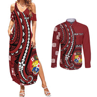 Personalized Tonga Ngatu Couples Matching Summer Maxi Dress and Long Sleeve Button Shirt Iconic Red Manulua Motifs